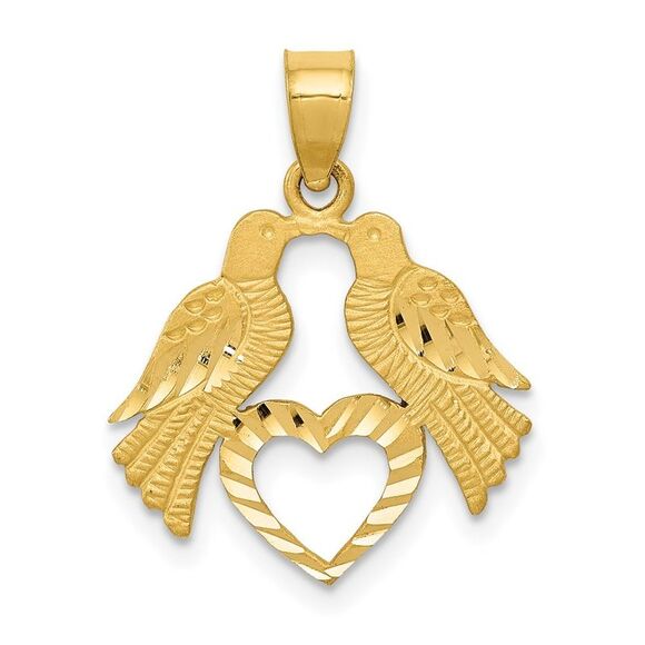14k Yellow Gold Polished Diamond-cut Love Birds with Heart Pendant